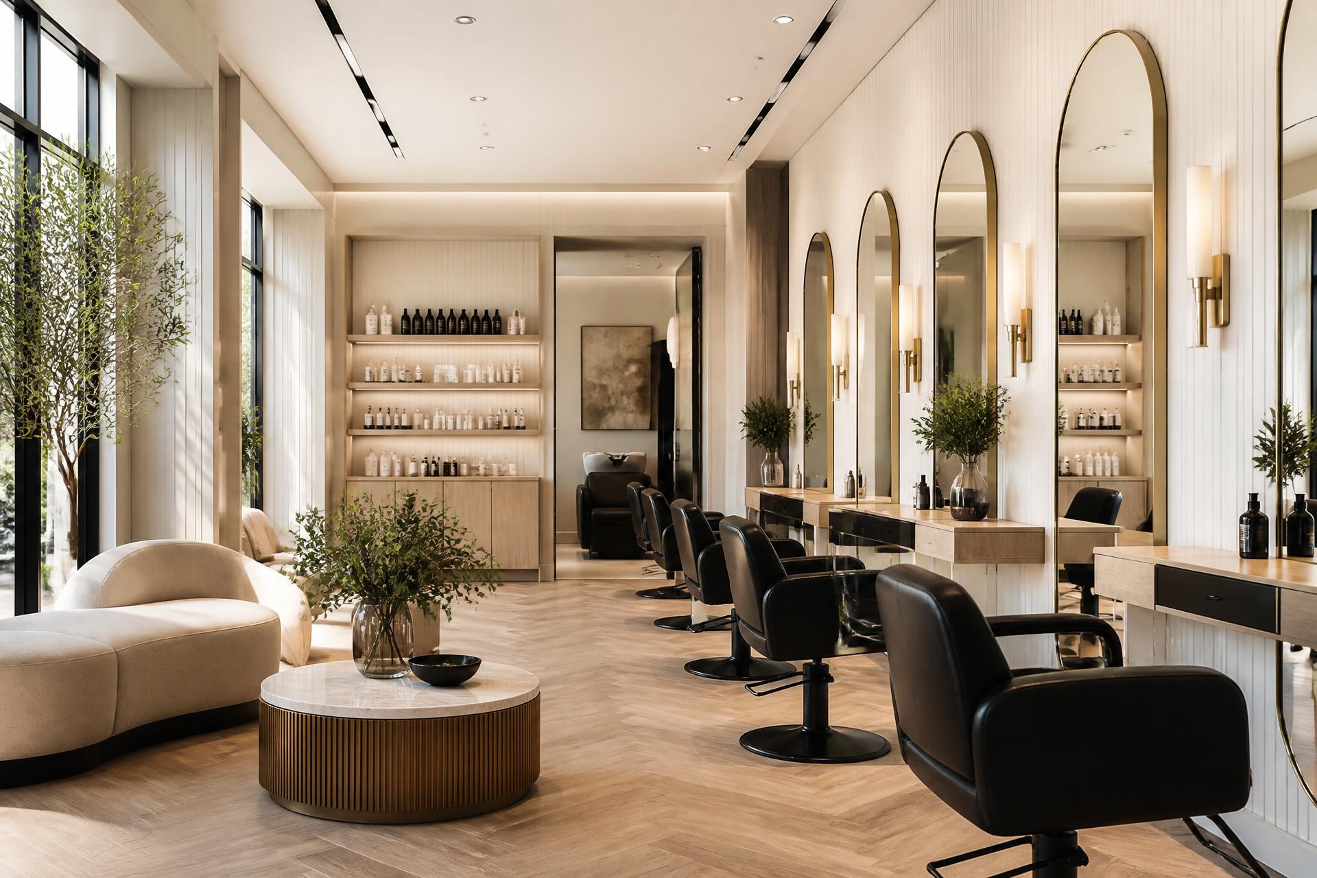 Bright, modern salon interior with styling chairs and arched mirrors