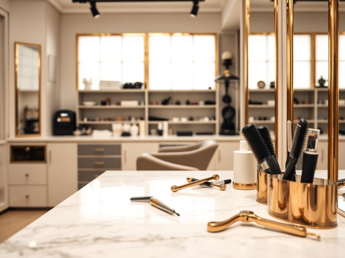 Marble styling station with brushes and gold accents